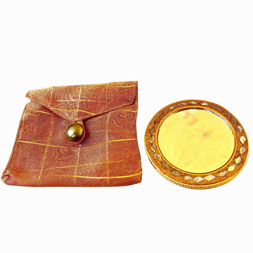 Vintage Ornate Gold Purse Hand Mirror + Travel Mesh Pouch